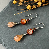 Sunstone with Rust Czech Glass Flower Earrings in Sterling Silver