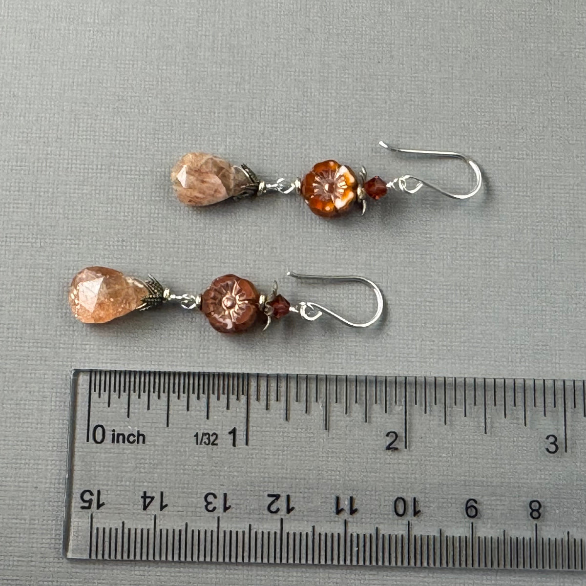 Sunstone with Rust Czech Glass Flower Earrings in Sterling Silver
