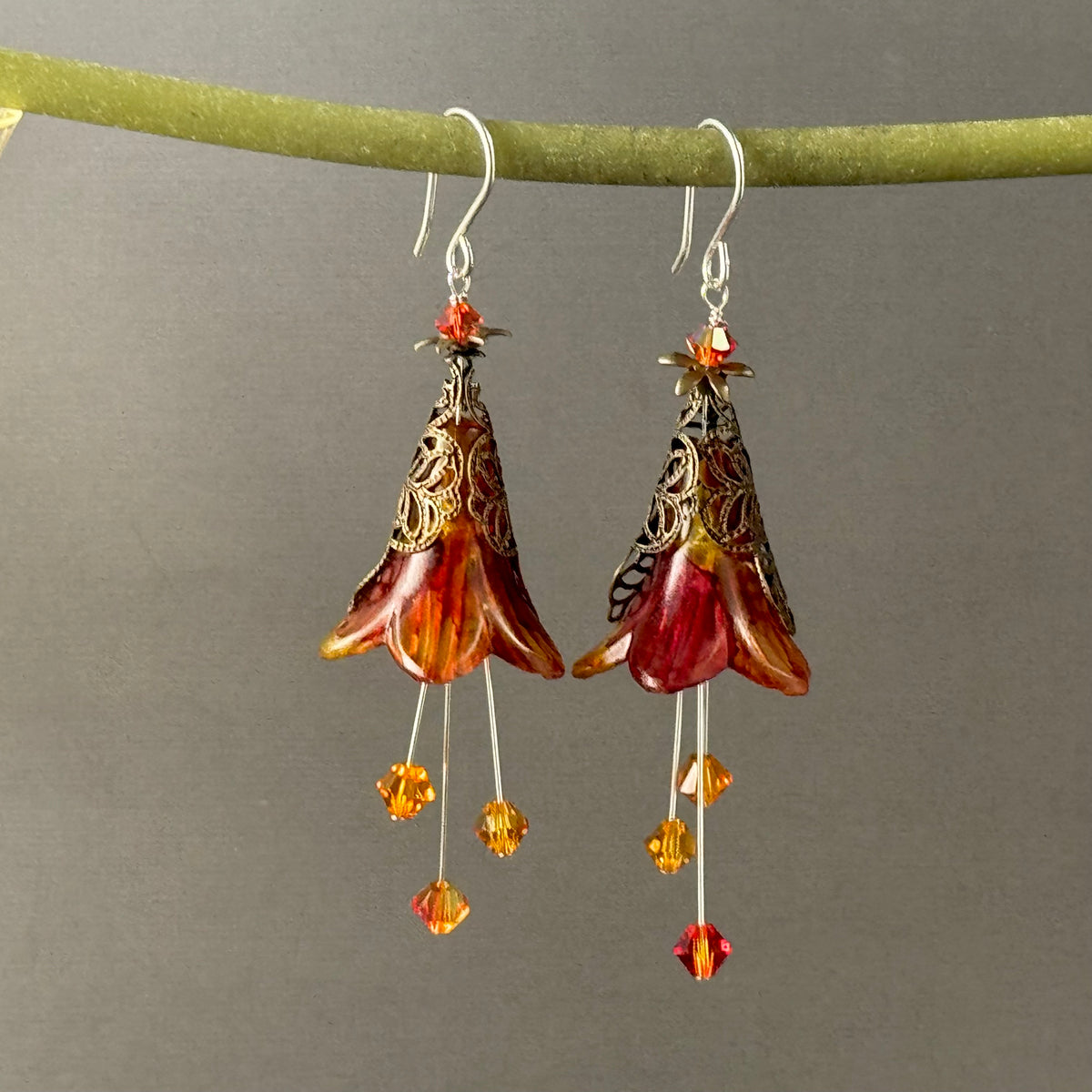 Large Hand Painted Autumn Lucite Cone Flower Earrings in Sterling Silver