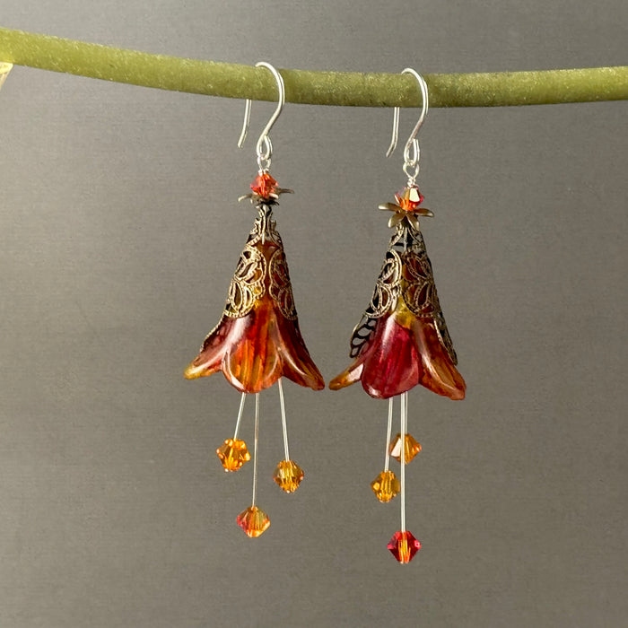 Large Hand Painted Autumn Lucite Cone Flower Earrings in Sterling Silver