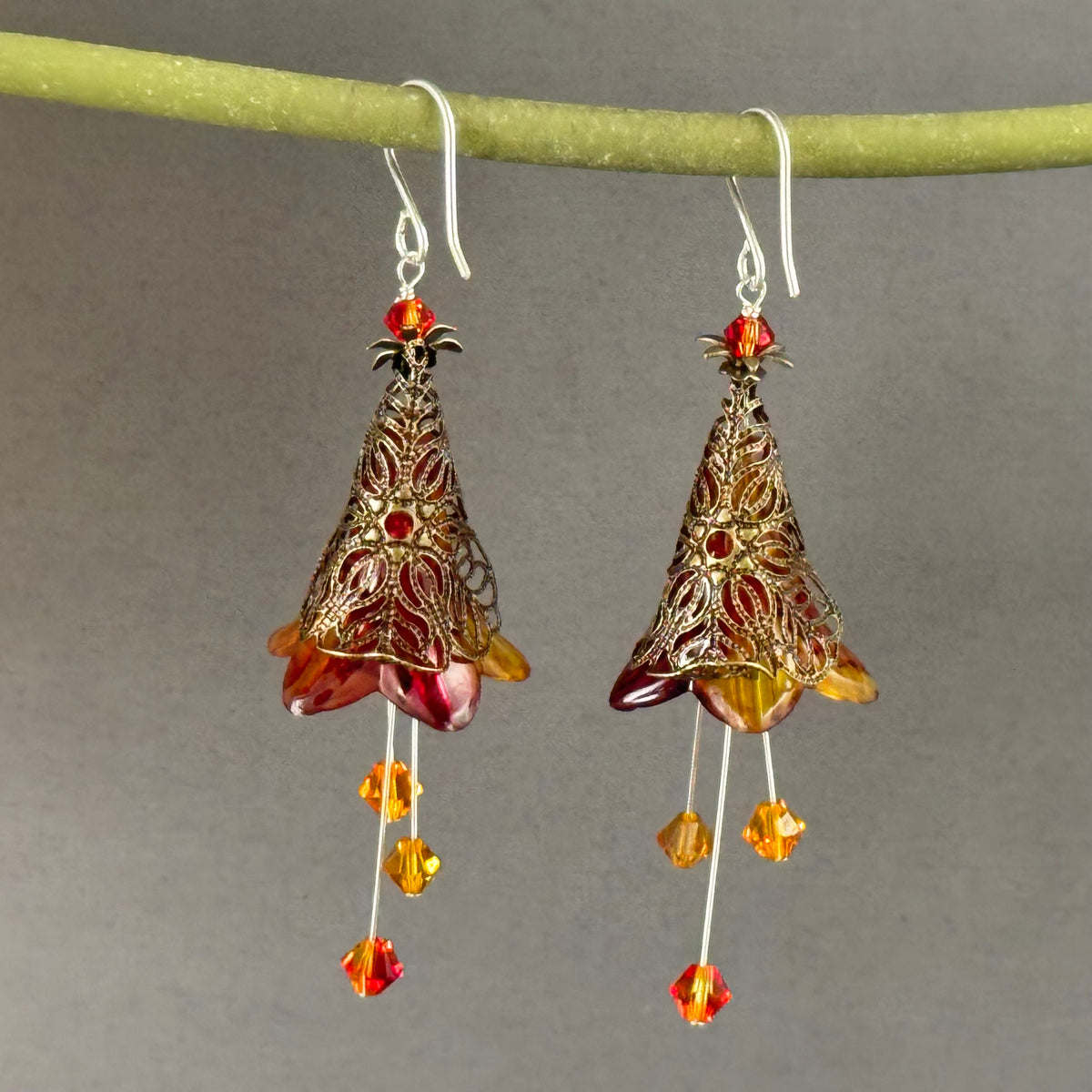 Large Hand Painted Autumn Lucite Cone Flower Earrings in Sterling Silver