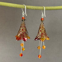 Large Hand Painted Autumn Lucite Cone Flower Earrings in Sterling Silver