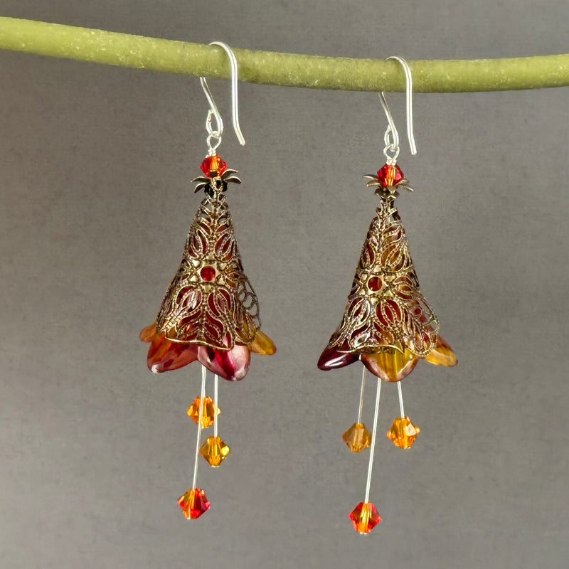 Large Hand Painted Autumn Lucite Cone Flower Earrings in Sterling Silver