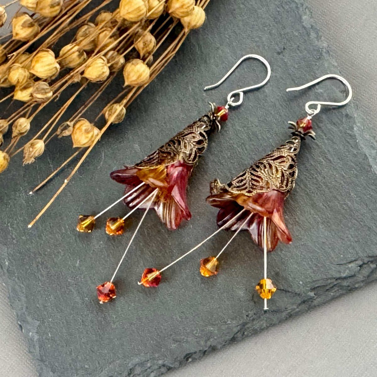 Large Hand Painted Autumn Lucite Cone Flower Earrings in Sterling Silver