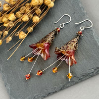 Large Hand Painted Autumn Lucite Cone Flower Earrings in Sterling Silver