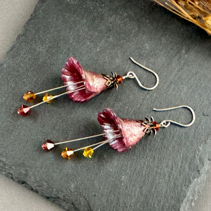 Hand Painted Dark Pink Metallic Lucite Cone Flower Earrings in Sterling Silver