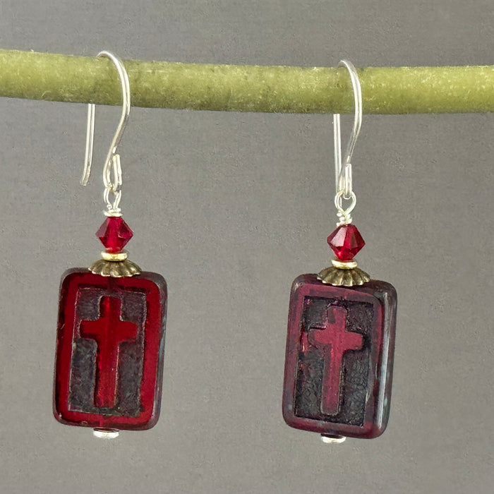 Red Czech Glass Rectangle Cross Earrings in Sterling Silver