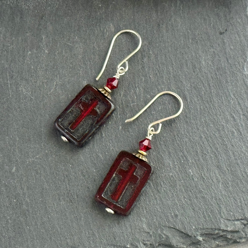 Red Czech Glass Rectangle Cross Earrings in Sterling Silver