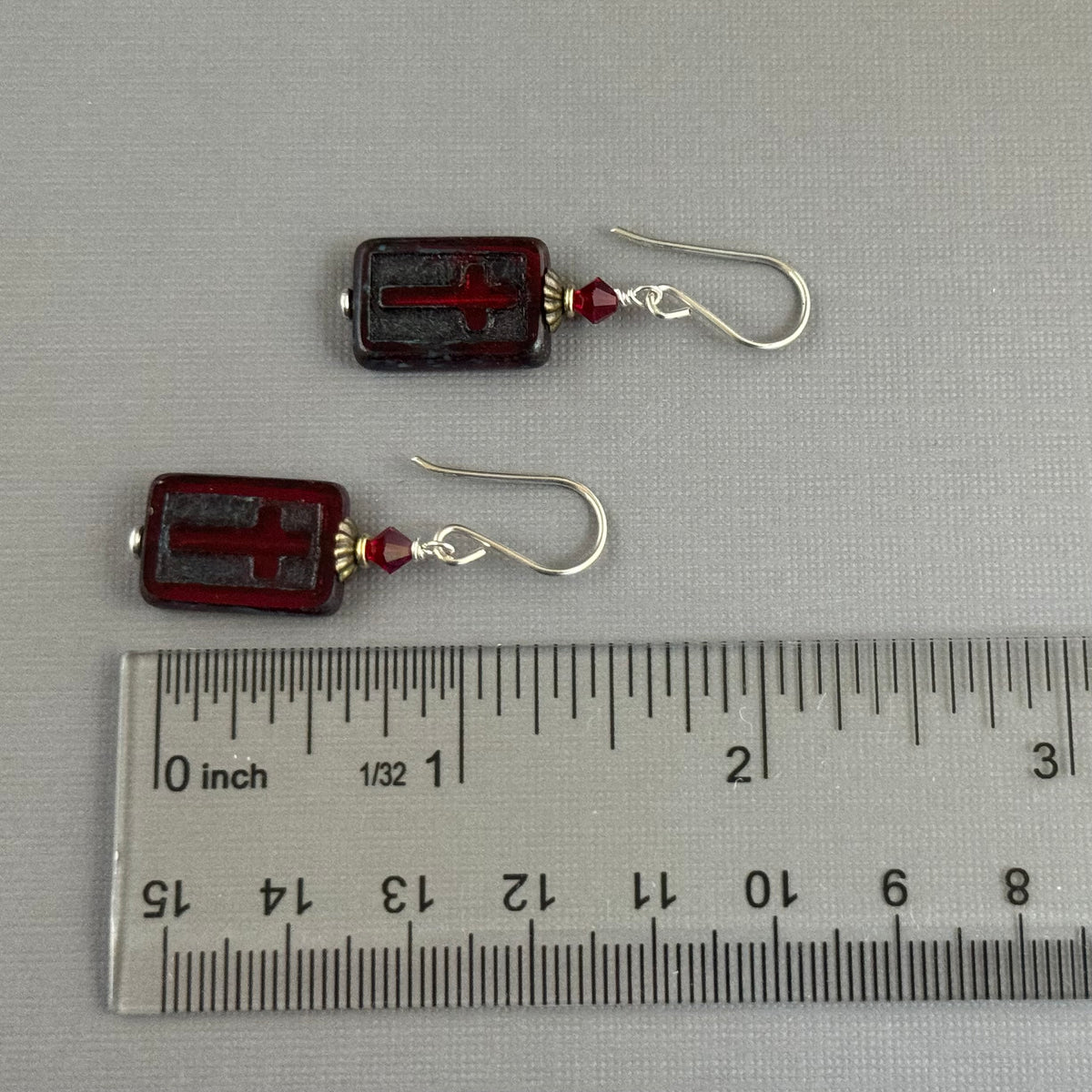Red Czech Glass Rectangle Cross Earrings in Sterling Silver