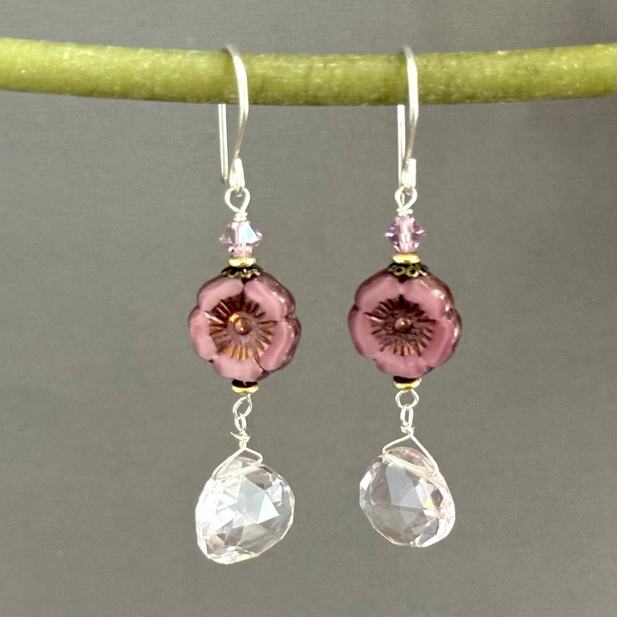 Light Pink Czech Glass Hibiscus Flower and Pink Quartz Earrings in Sterling Silver