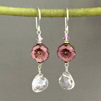 Light Pink Czech Glass Hibiscus Flower and Pink Quartz Earrings in Sterling Silver