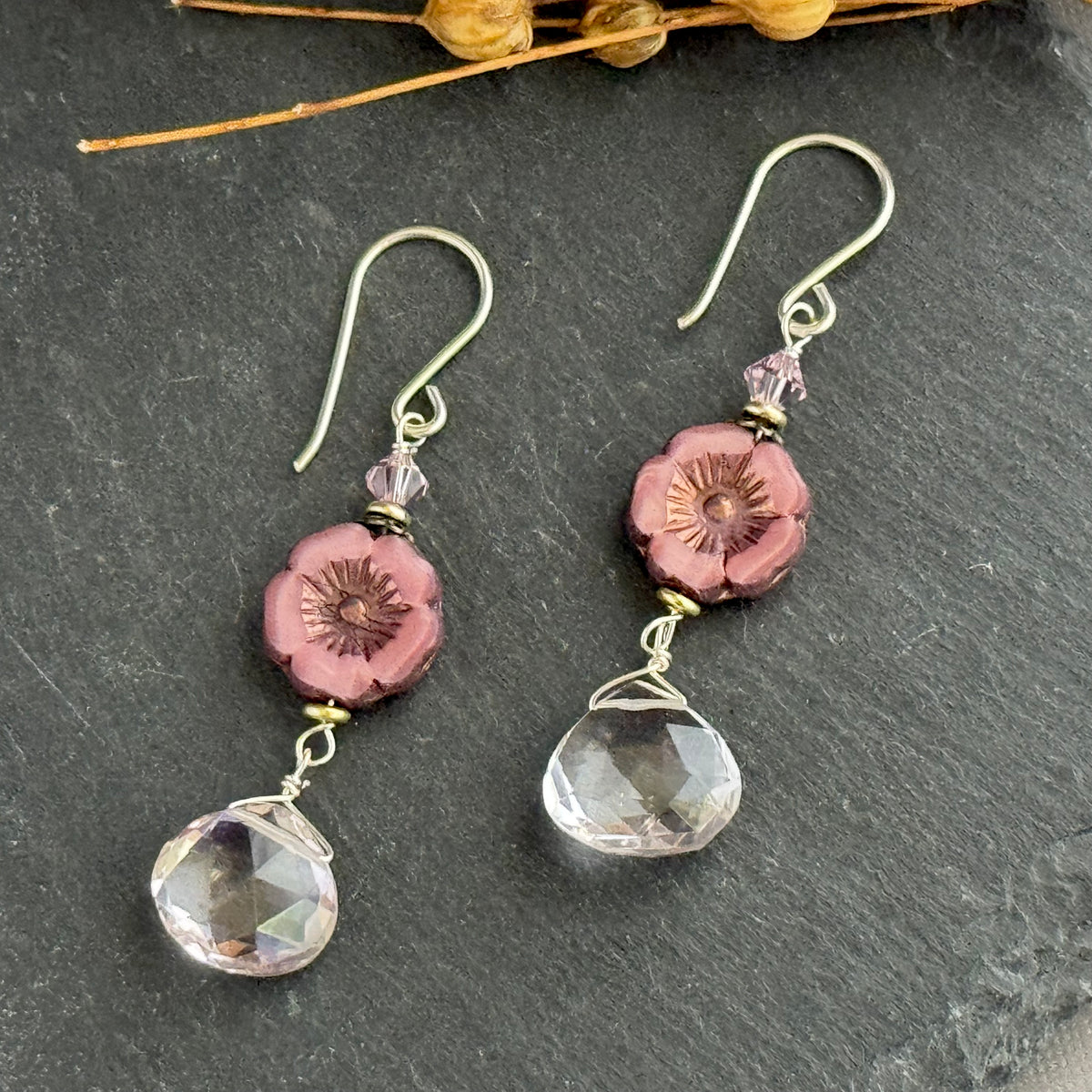 Light Pink Czech Glass Hibiscus Flower and Pink Quartz Earrings in Sterling Silver