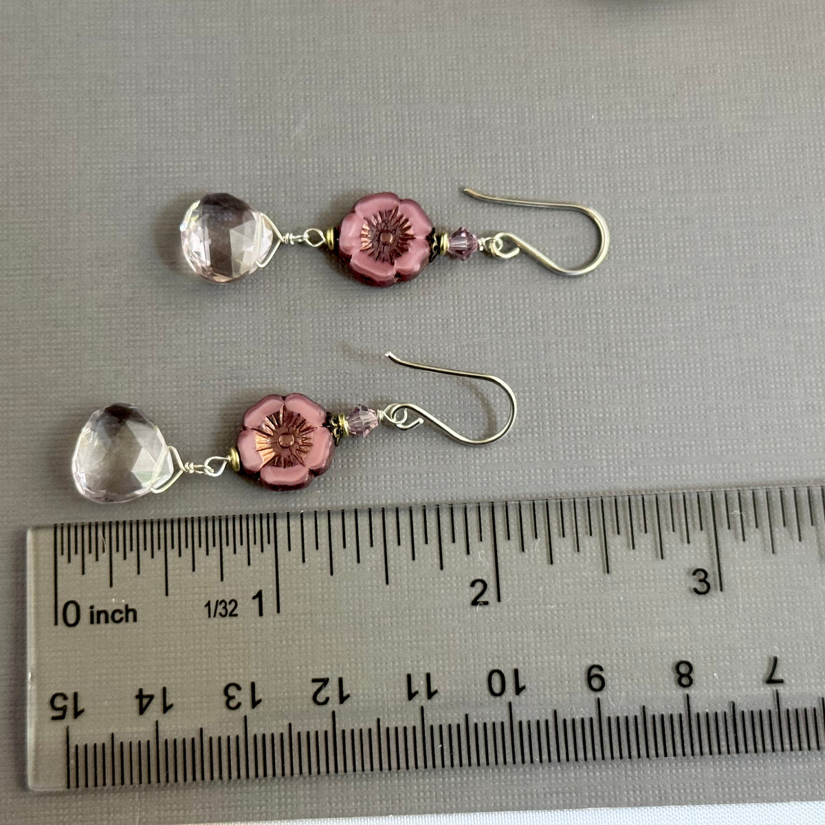 Light Pink Czech Glass Hibiscus Flower and Pink Quartz Earrings in Sterling Silver