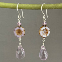 Lavender Czech Glass Hibiscus Flower and Pink Amethyst Earrings in Sterling Silver