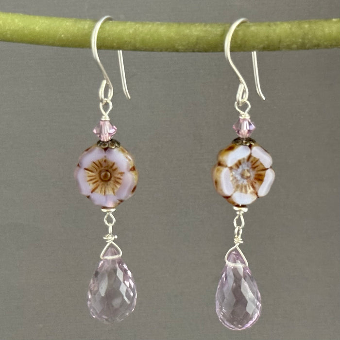 Lavender Czech Glass Hibiscus Flower and Pink Amethyst Earrings in Sterling Silver