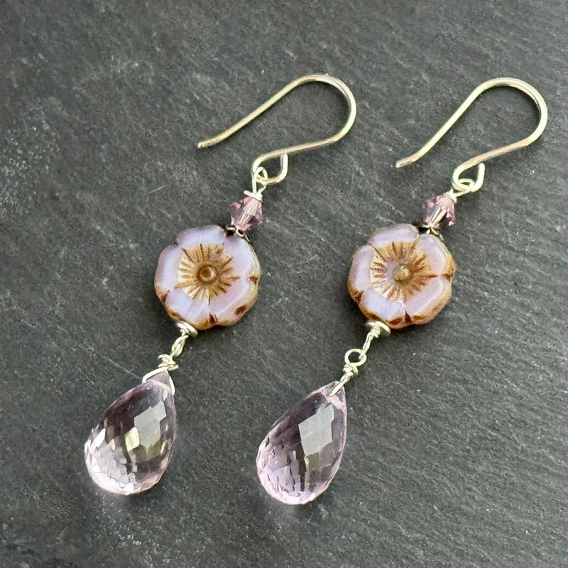 Lavender Czech Glass Hibiscus Flower and Pink Amethyst Earrings in Sterling Silver