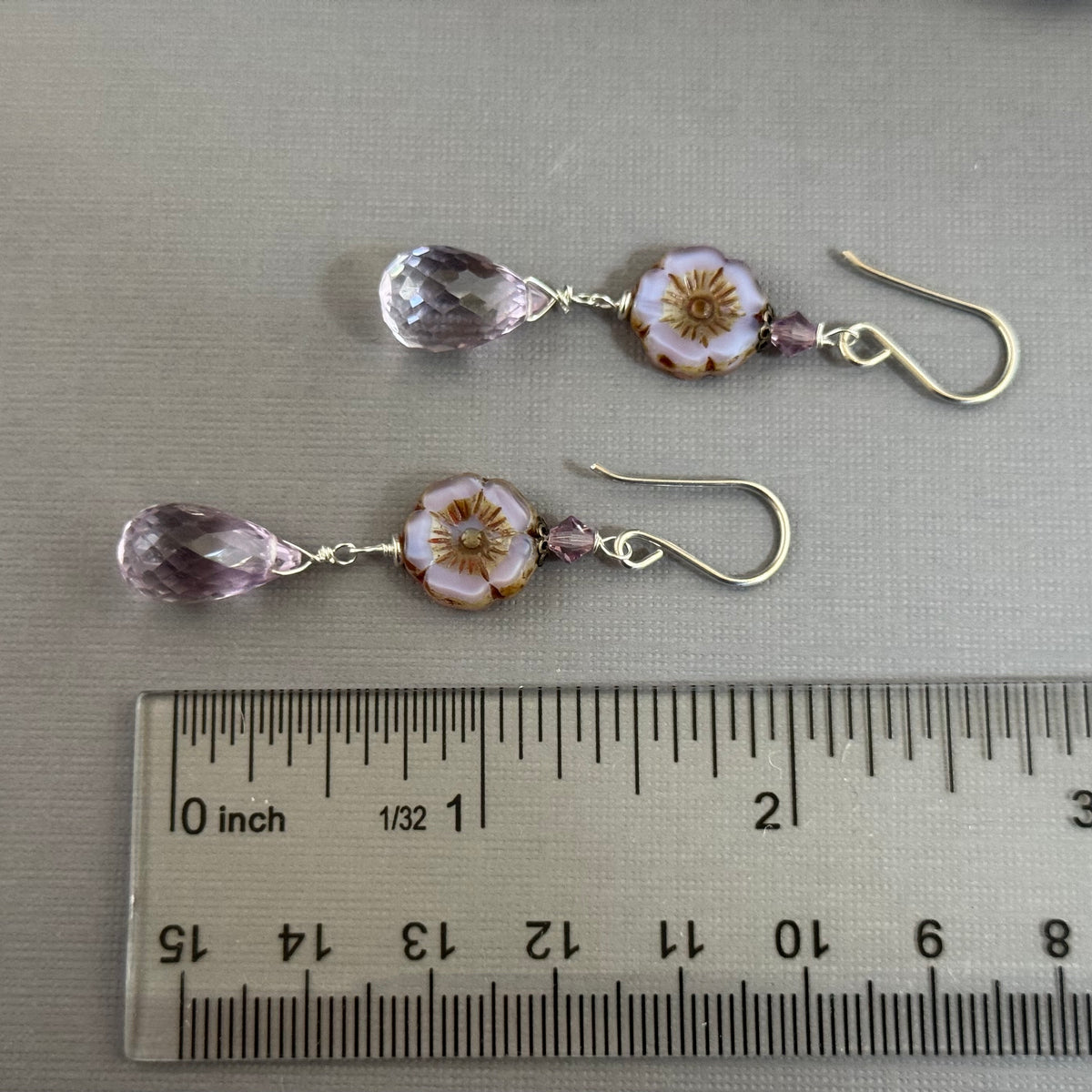 Lavender Czech Glass Hibiscus Flower and Pink Amethyst Earrings in Sterling Silver