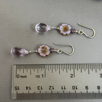 Lavender Czech Glass Hibiscus Flower and Pink Amethyst Earrings in Sterling Silver