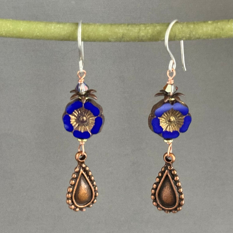 Czech Glass Dark Blue Hibiscus Flower Earrings in Sterling Silver