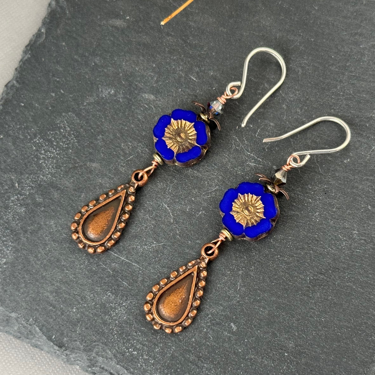 Czech Glass Dark Blue Hibiscus Flower Earrings in Sterling Silver