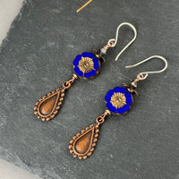 Czech Glass Dark Blue Hibiscus Flower Earrings in Sterling Silver