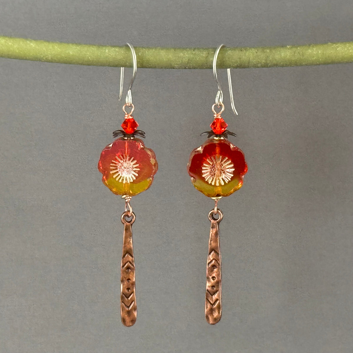 Orange and Yellow Czech Glass Hibiscus Flower Earrings with Long Copper Drops in Sterling Silver