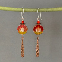 Orange and Yellow Czech Glass Hibiscus Flower Earrings with Long Copper Drops in Sterling Silver
