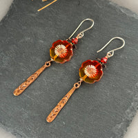 Orange and Yellow Czech Glass Hibiscus Flower Earrings with Long Copper Drops in Sterling Silver