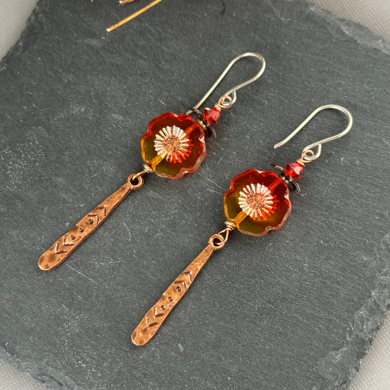 Orange and Yellow Czech Glass Hibiscus Flower Earrings with Long Copper Drops in Sterling Silver