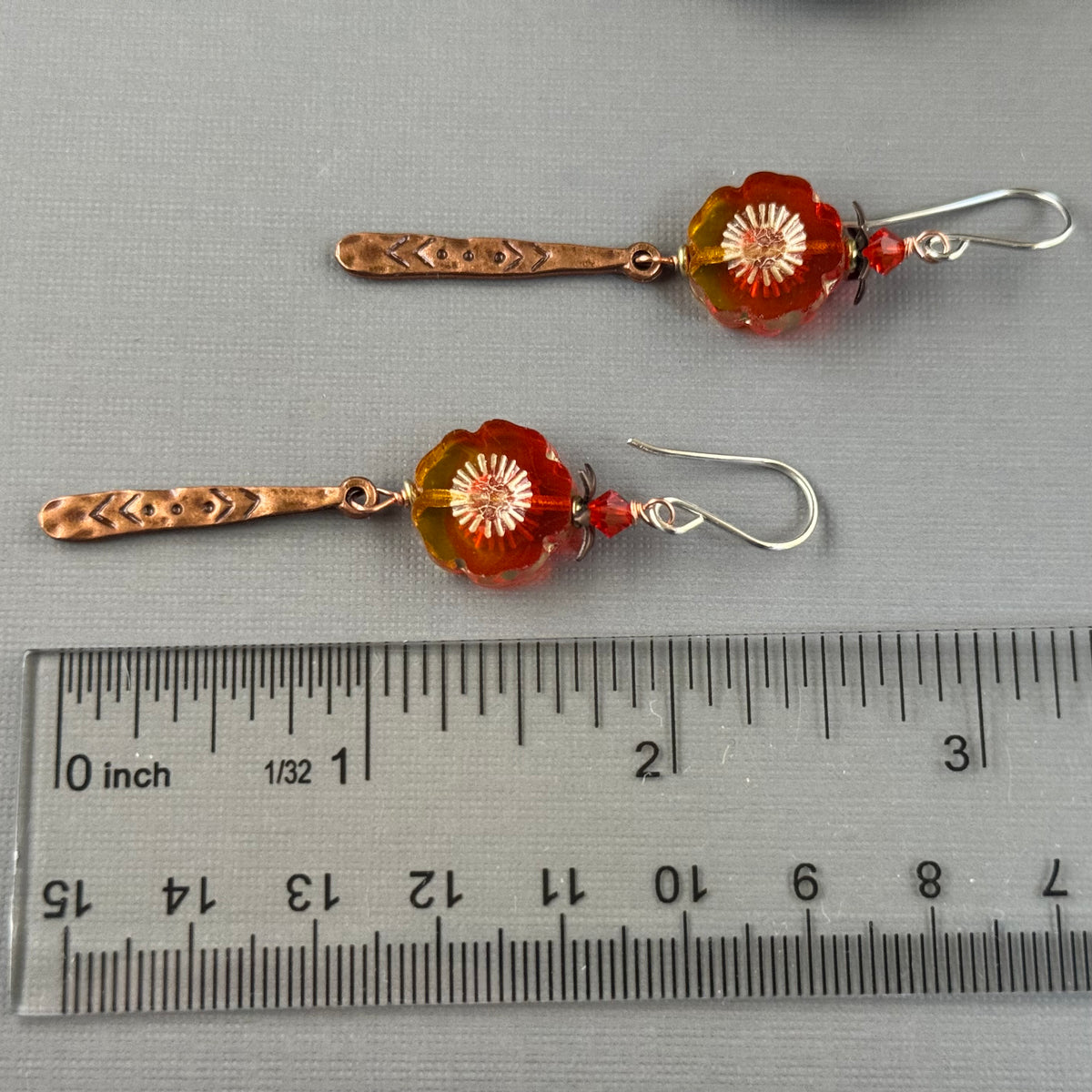 Orange and Yellow Czech Glass Hibiscus Flower Earrings with Long Copper Drops in Sterling Silver