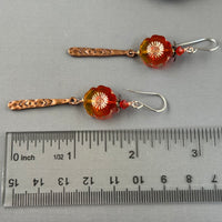 Orange and Yellow Czech Glass Hibiscus Flower Earrings with Long Copper Drops in Sterling Silver