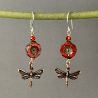 Rust Czech Glass Hibiscus Flower Earrings with Copper Dragonfly Drops n Sterling Silver