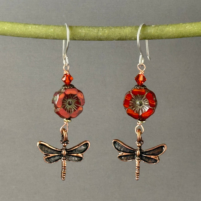 Rust Czech Glass Hibiscus Flower Earrings with Copper Dragonfly Drops n Sterling Silver