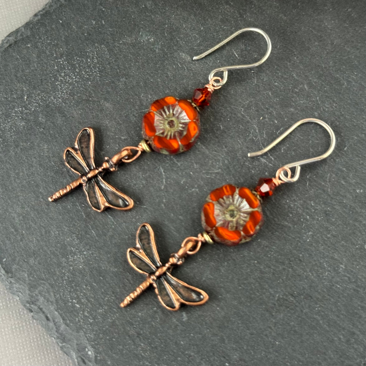Rust Czech Glass Hibiscus Flower Earrings with Copper Dragonfly Drops n Sterling Silver