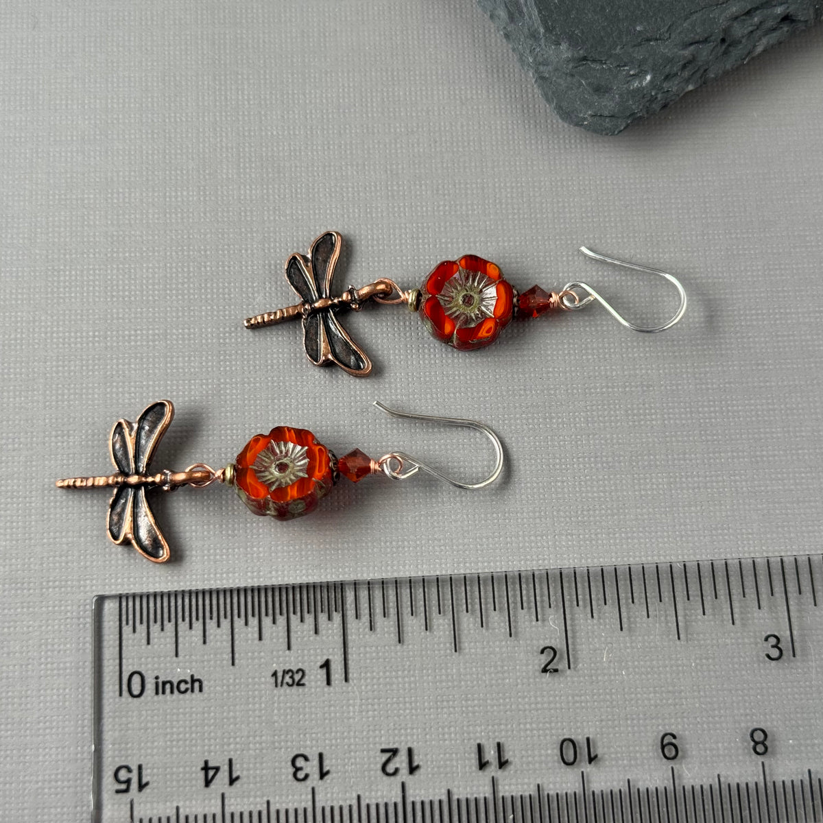 Rust Czech Glass Hibiscus Flower Earrings with Copper Dragonfly Drops n Sterling Silver
