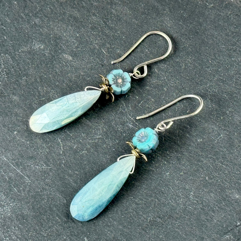 Light Blue Moonstone Teardrops with Light Blue Czech Glass Hawaiian Flowers in Sterling Silver