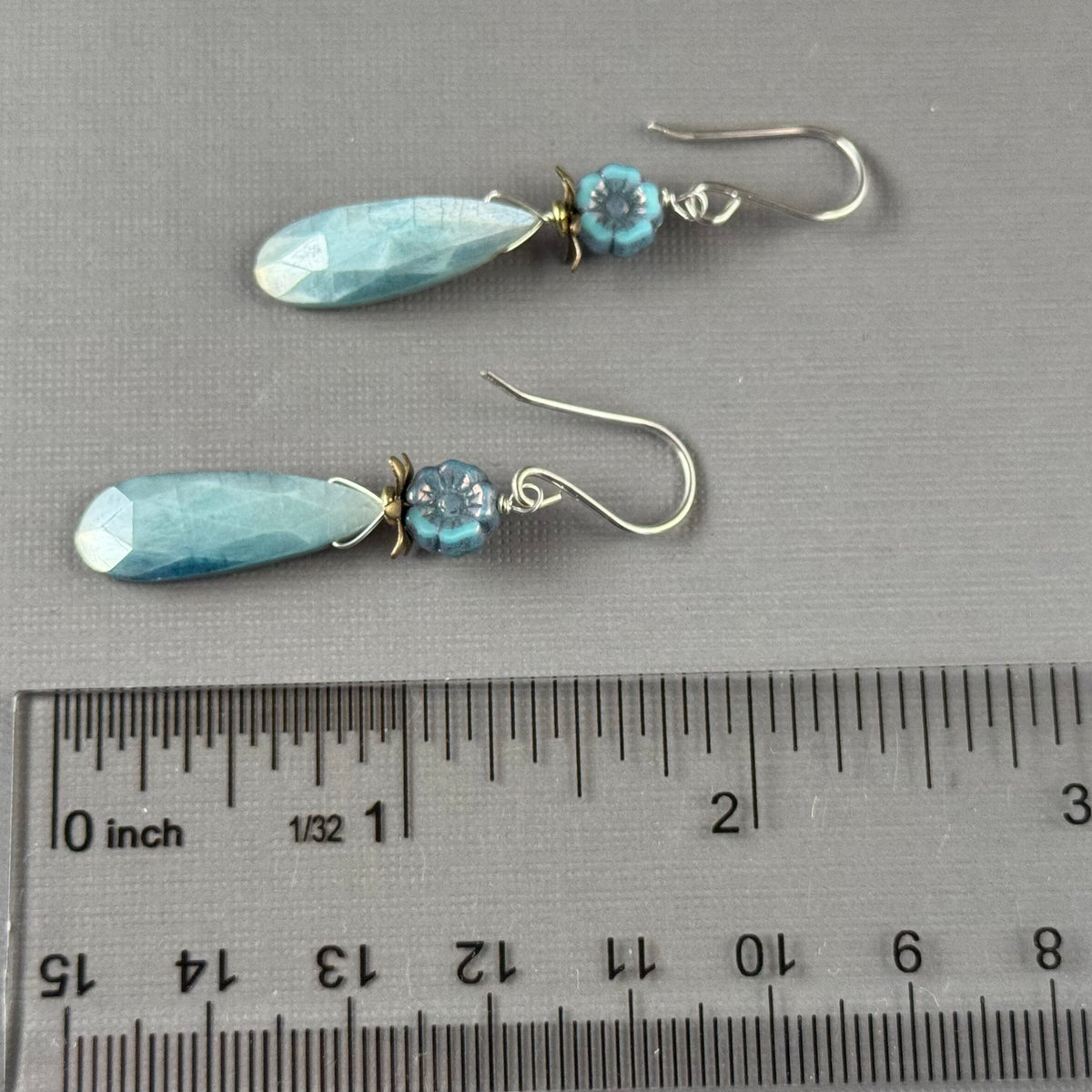 Light Blue Moonstone Teardrops with Light Blue Czech Glass Hawaiian Flowers in Sterling Silver