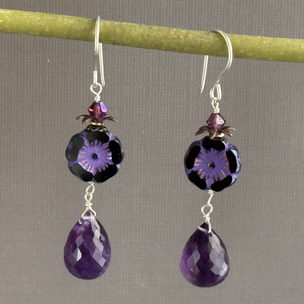 Purple Czech Glass Hibiscus Flower and Amethyst Earrings in Sterling Silver