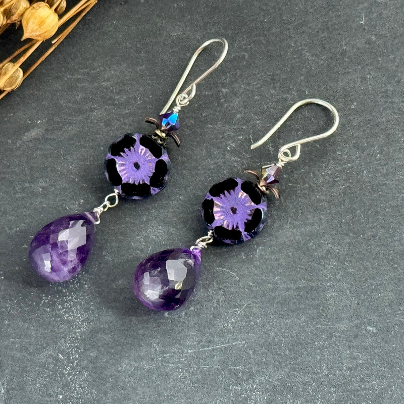 Purple Czech Glass Hibiscus Flower and Amethyst Earrings in Sterling Silver