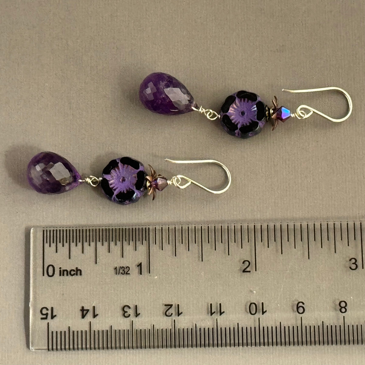 Purple Czech Glass Hibiscus Flower and Amethyst Earrings in Sterling Silver