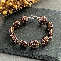 Purple and Gold Dahlia Flower Czech Glass Bracelet in Sterling Silver