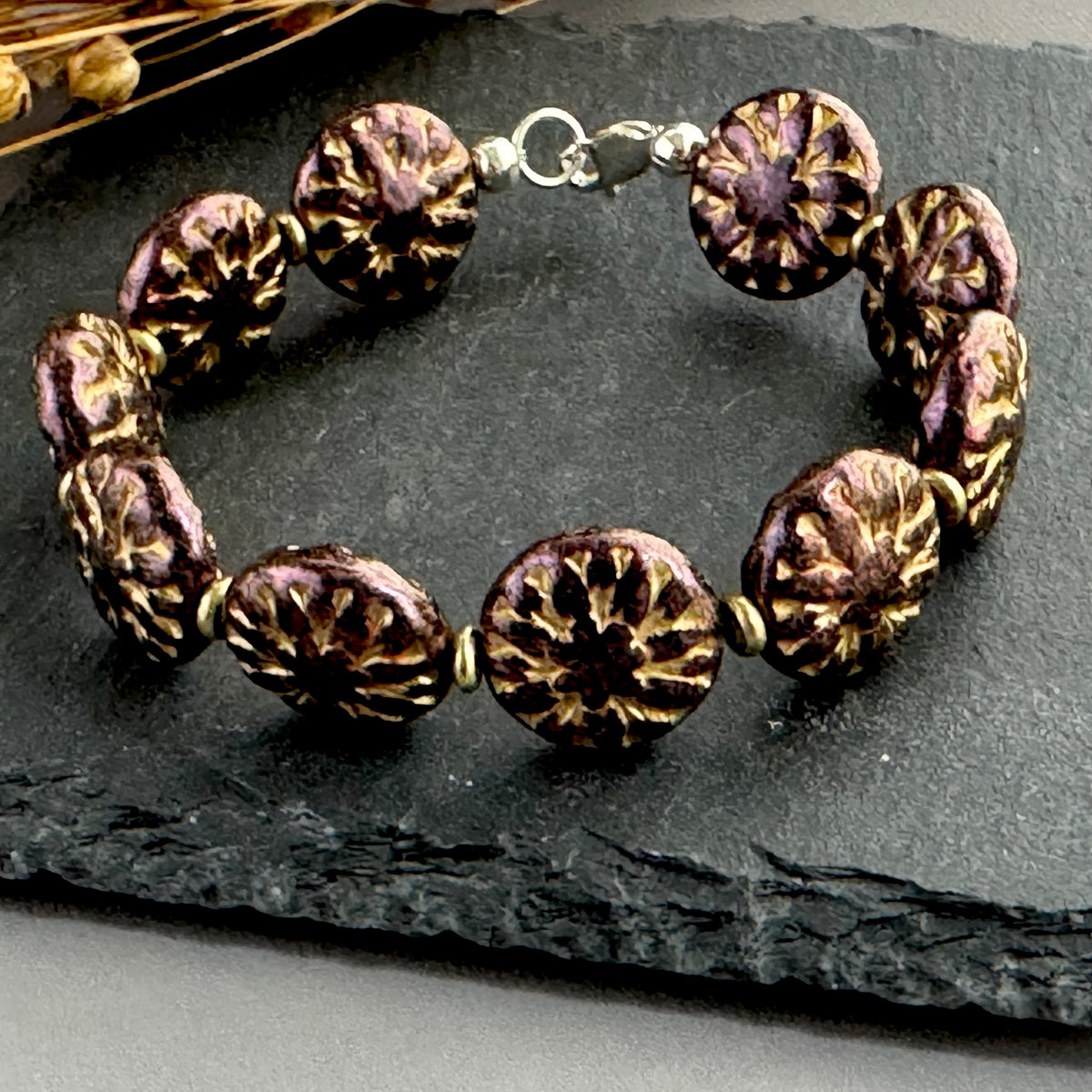 Purple and Gold Dahlia Flower Czech Glass Bracelet in Sterling Silver