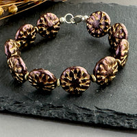 Purple and Gold Dahlia Flower Czech Glass Bracelet in Sterling Silver