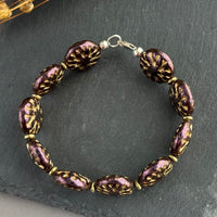 Purple and Gold Dahlia Flower Czech Glass Bracelet in Sterling Silver