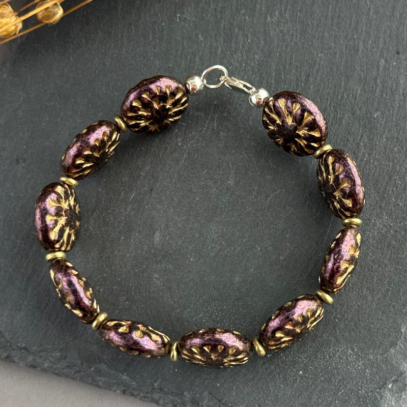 Purple and Gold Dahlia Flower Czech Glass Bracelet in Sterling Silver