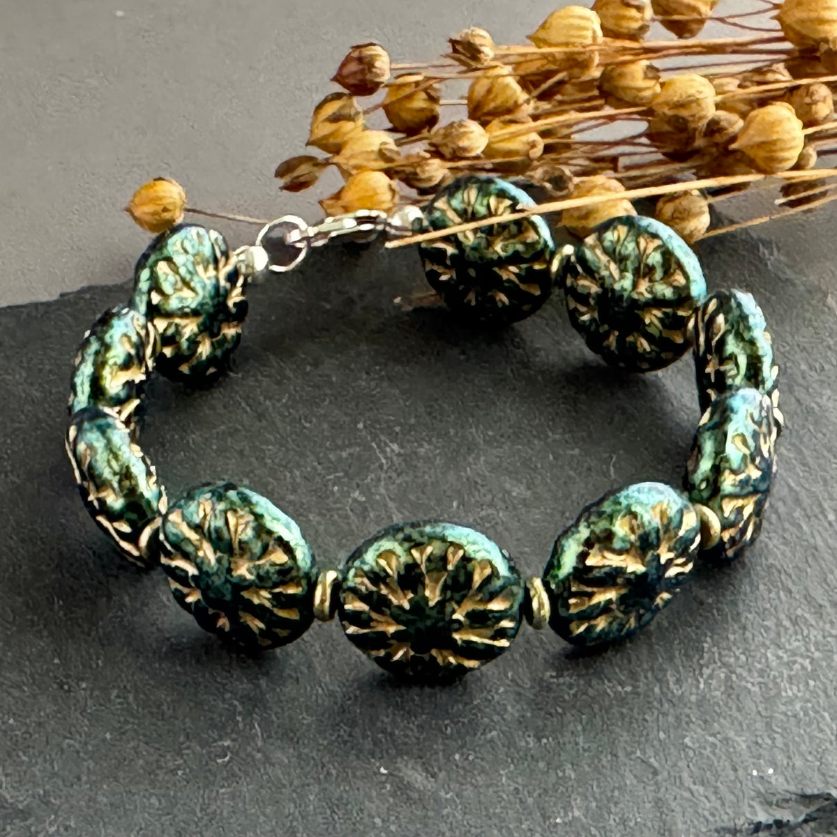 Green and Gold Dahlia Flower Czech Glass Bracelet in Sterling Silver