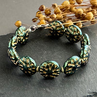 Green and Gold Dahlia Flower Czech Glass Bracelet in Sterling Silver