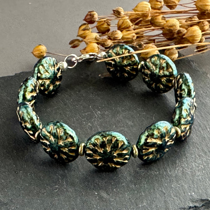 Green and Gold Dahlia Flower Czech Glass Bracelet in Sterling Silver