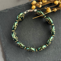 Green and Gold Dahlia Flower Czech Glass Bracelet in Sterling Silver