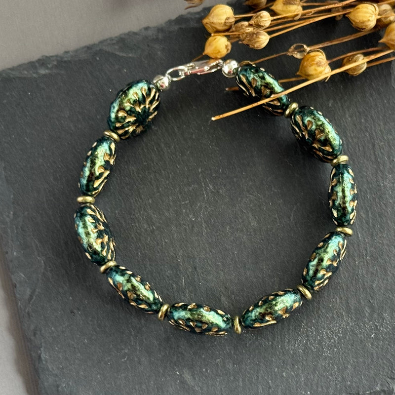 Green and Gold Dahlia Flower Czech Glass Bracelet in Sterling Silver